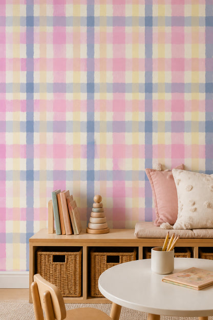 Gingham Pink Wallpaper Pastel Check Watercolor Removable Wall Decor