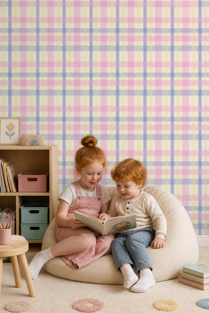 Gingham Pink Wallpaper Pastel Check Watercolor Removable Wall Decor