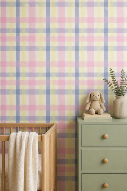 Gingham Pink Wallpaper Pastel Check Watercolor Removable Wall Decor