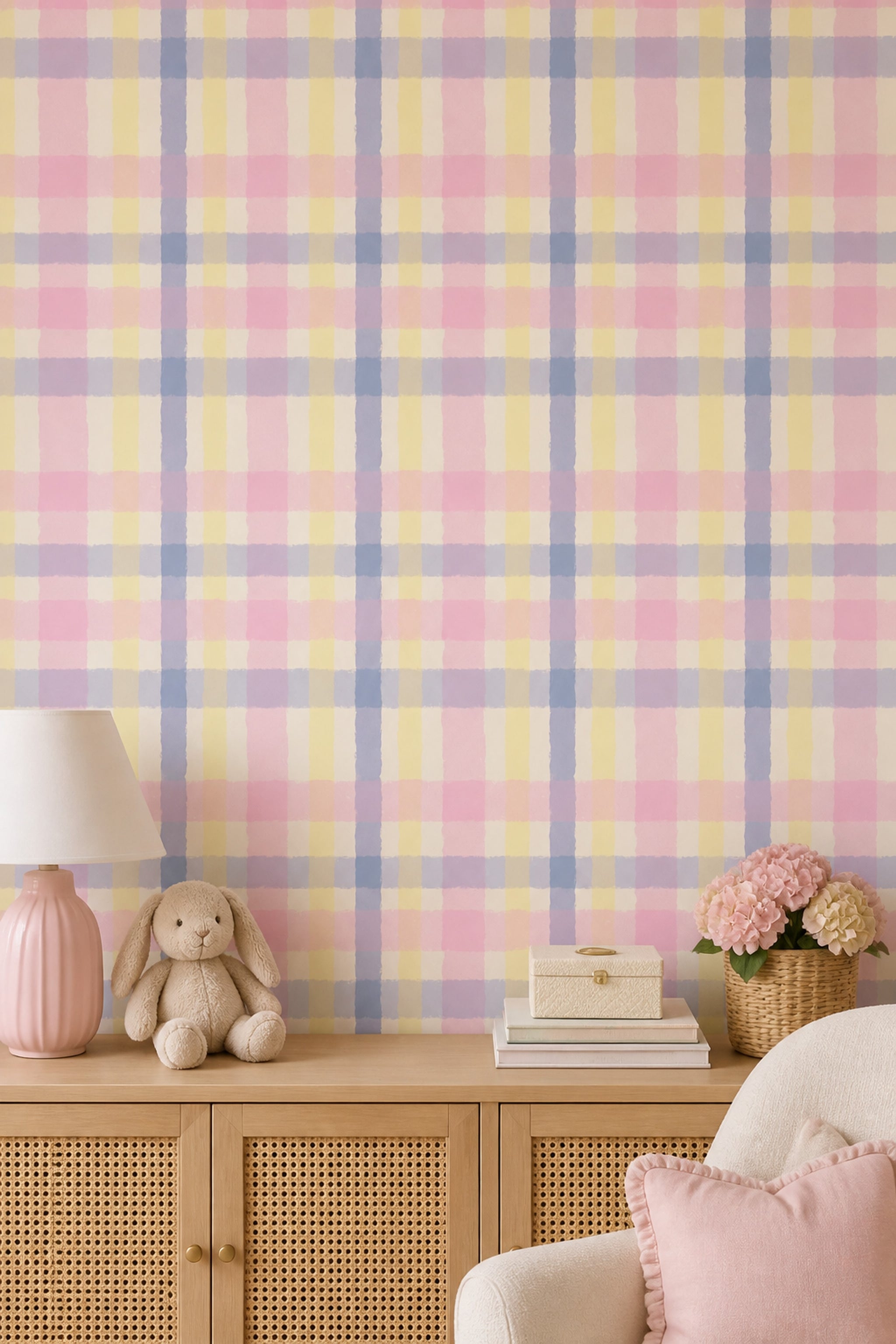 Gingham Pink Wallpaper Pastel Check Watercolor Removable Wall Decor