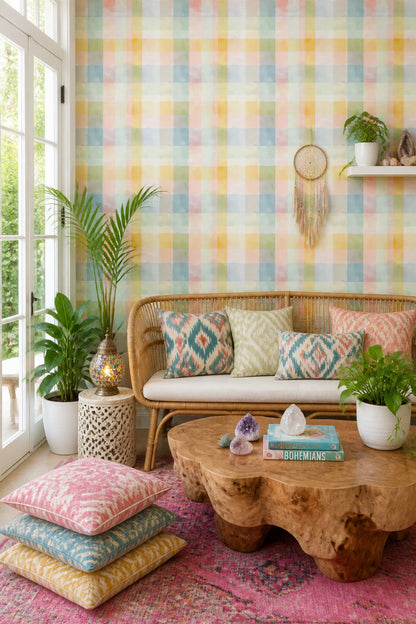 Pastel Plaid Wallpaper Checkered Watercolor Decorative Mural