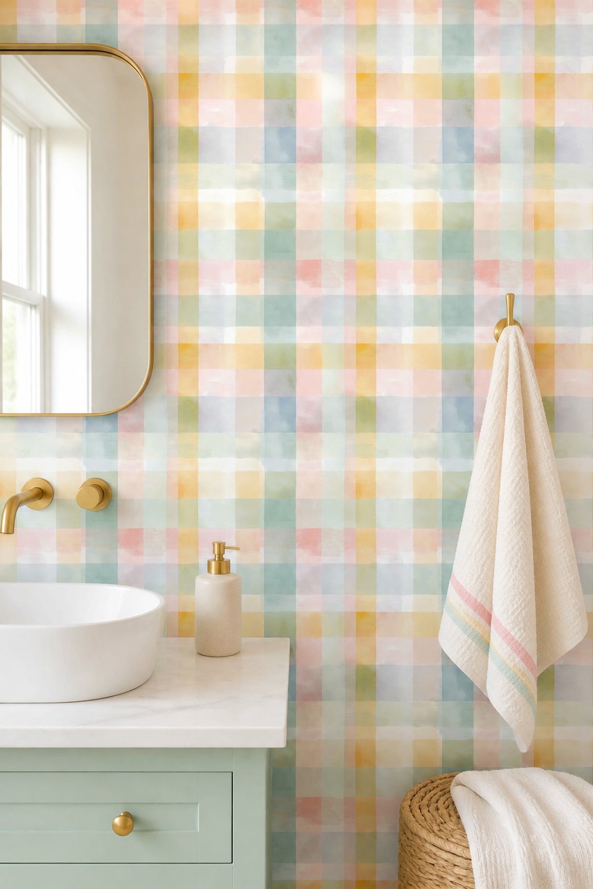 Pastel Plaid Wallpaper Checkered Watercolor Decorative Mural