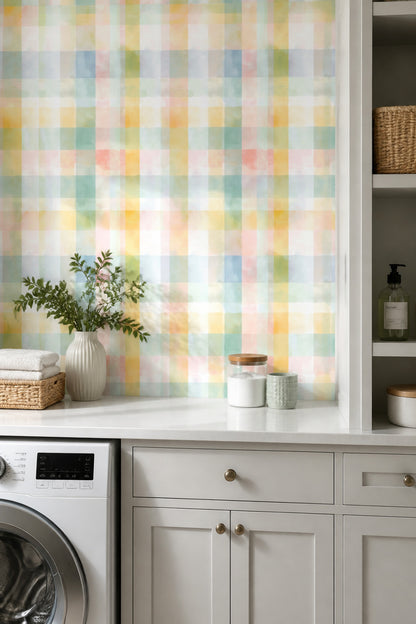 Pastel Plaid Wallpaper Checkered Watercolor Decorative Mural