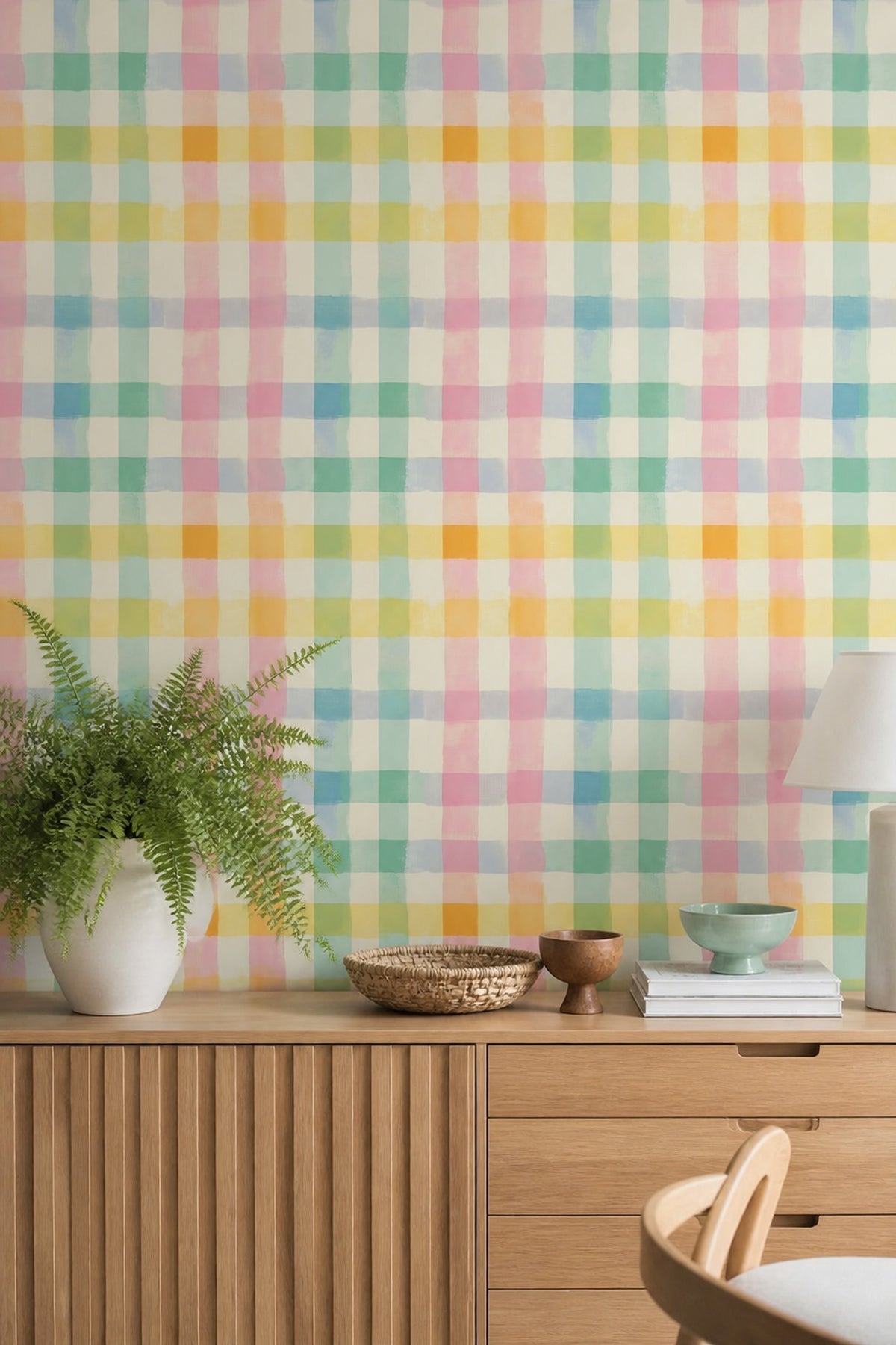 Pastel Plaid Wallpaper Checkered Removable Cream Background Wall Double Roll