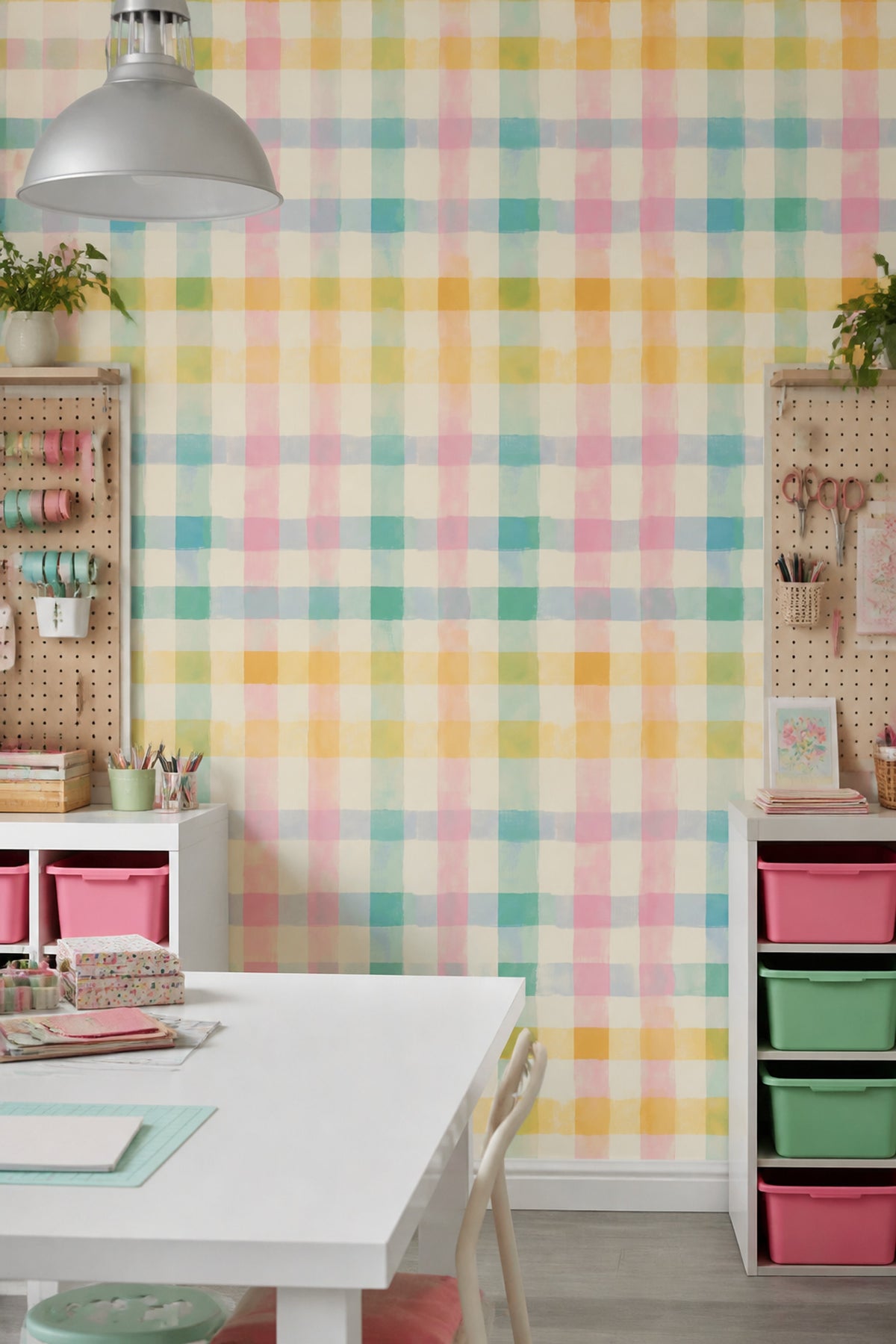 Pastel Plaid Wallpaper Checkered Removable Cream Background Wall Double Roll