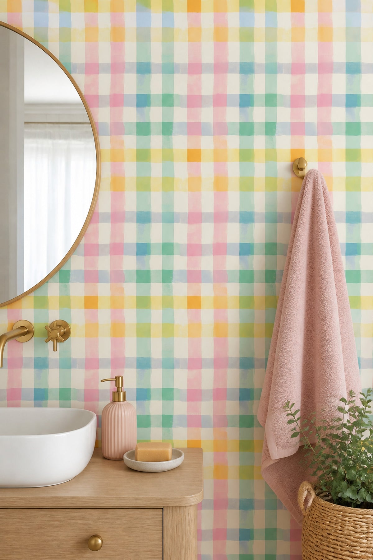 Pastel Plaid Wallpaper Checkered Removable Cream Background Wall Double Roll