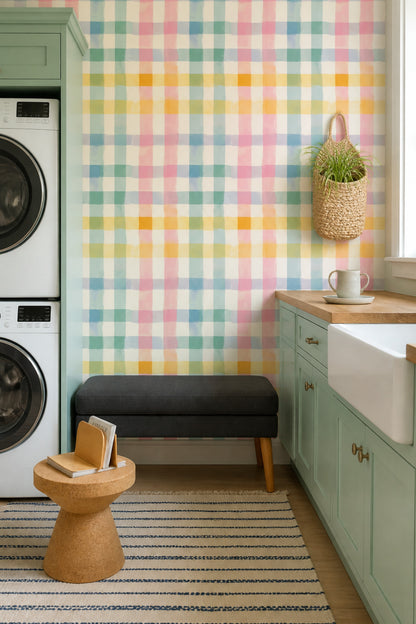 Pastel Plaid Wallpaper Checkered Removable Cream Background Wall Double Roll