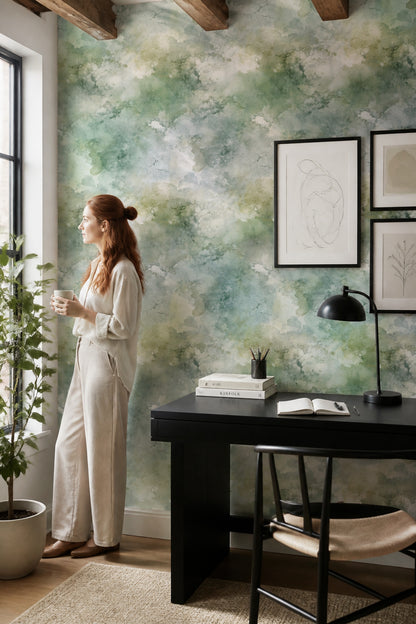 Abstract Watercolor Wallpaper Sage Green Mint Decorative Mural