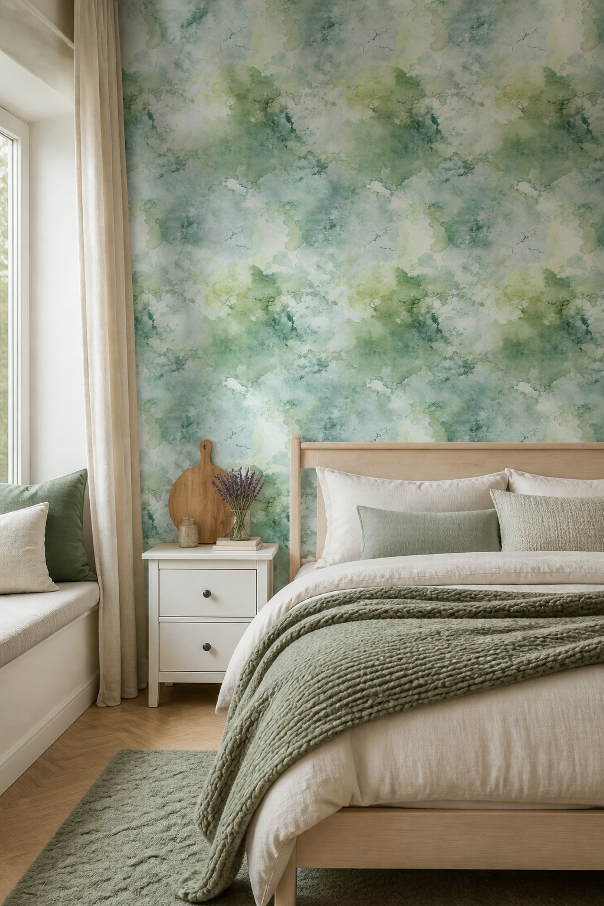 Abstract Watercolor Wallpaper Sage Green Mint Decorative Mural