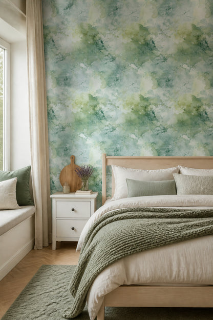 Abstract Watercolor Wallpaper Sage Green Mint Decorative Mural