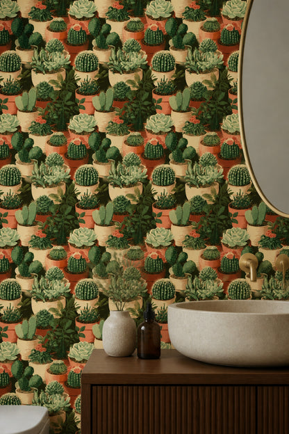 Cactus Wallpaper Succulent Potted Plants Removable Wall Decor