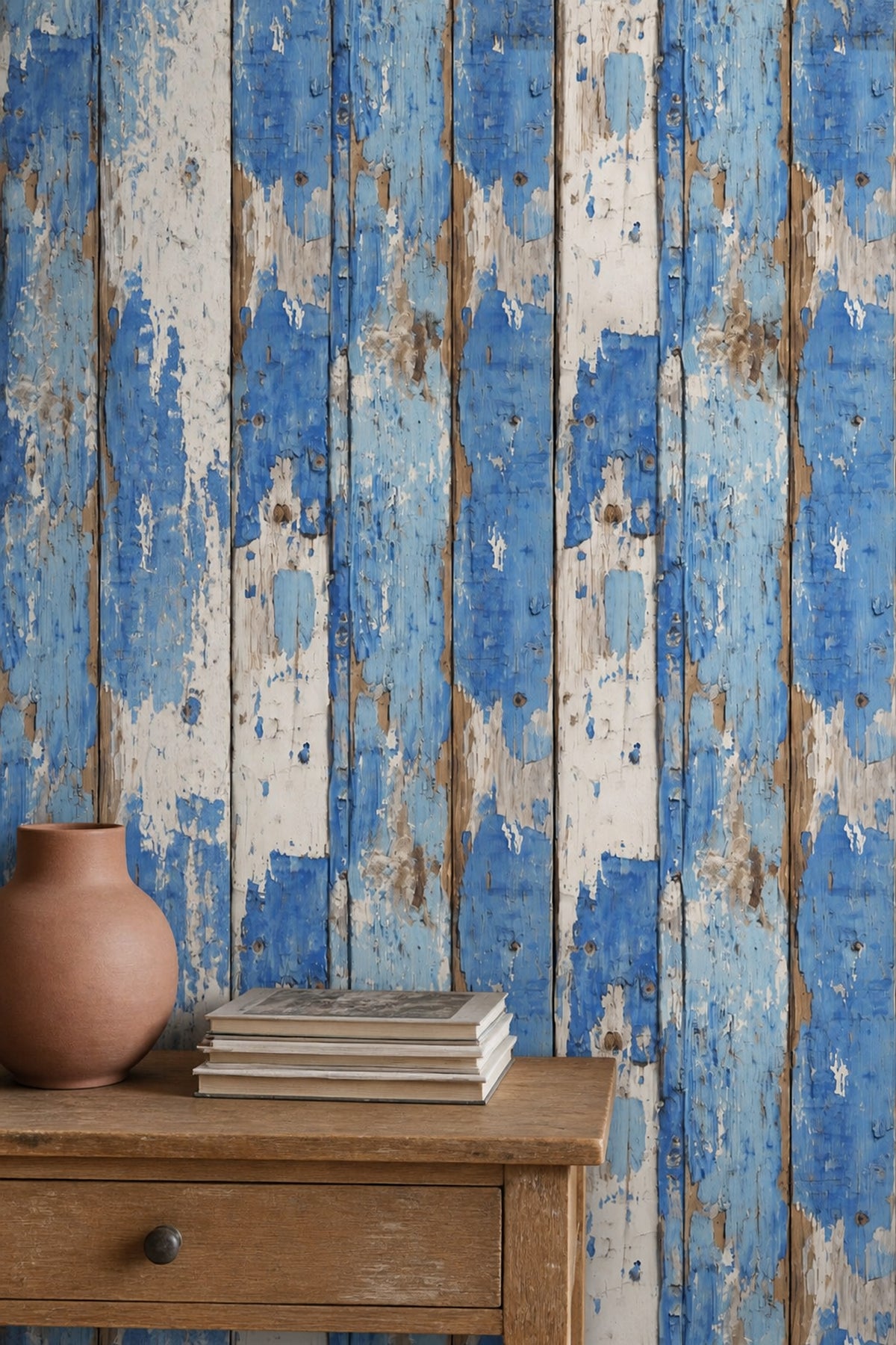 Weathered Wood Wallpaper Peeling Paint Blue Planks Decorative Mural