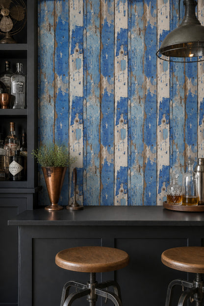 Weathered Wood Wallpaper Peeling Paint Blue Planks Decorative Mural