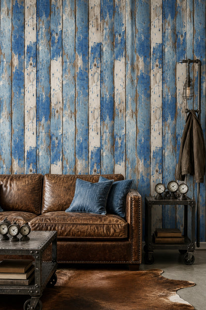 Weathered Wood Wallpaper Peeling Paint Blue Planks Decorative Mural