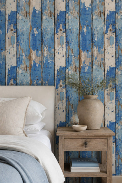 Weathered Wood Wallpaper Peeling Paint Blue Planks Decorative Mural