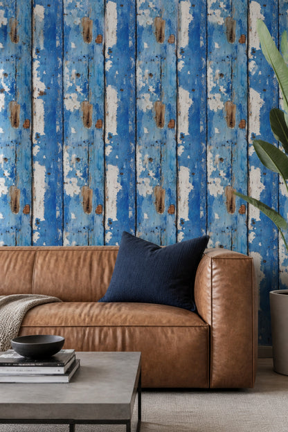 Weathered Wood Wallpaper Blue Planks Removable Peeling Paint Wall Double Roll
