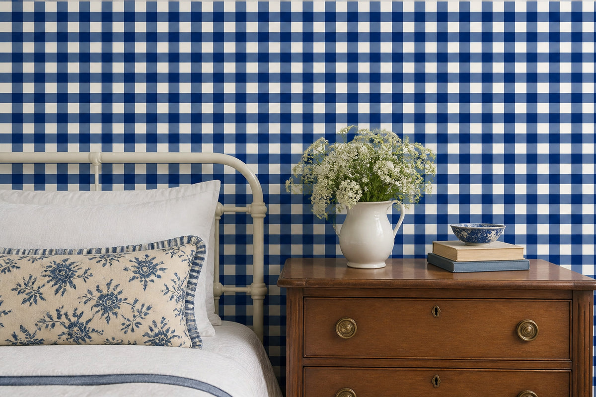 Blue Gingham Wallpaper Checkered Removable Plaid Textile Wall Double Roll