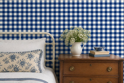 Blue Gingham Wallpaper Checkered Removable Plaid Textile Wall Double Roll
