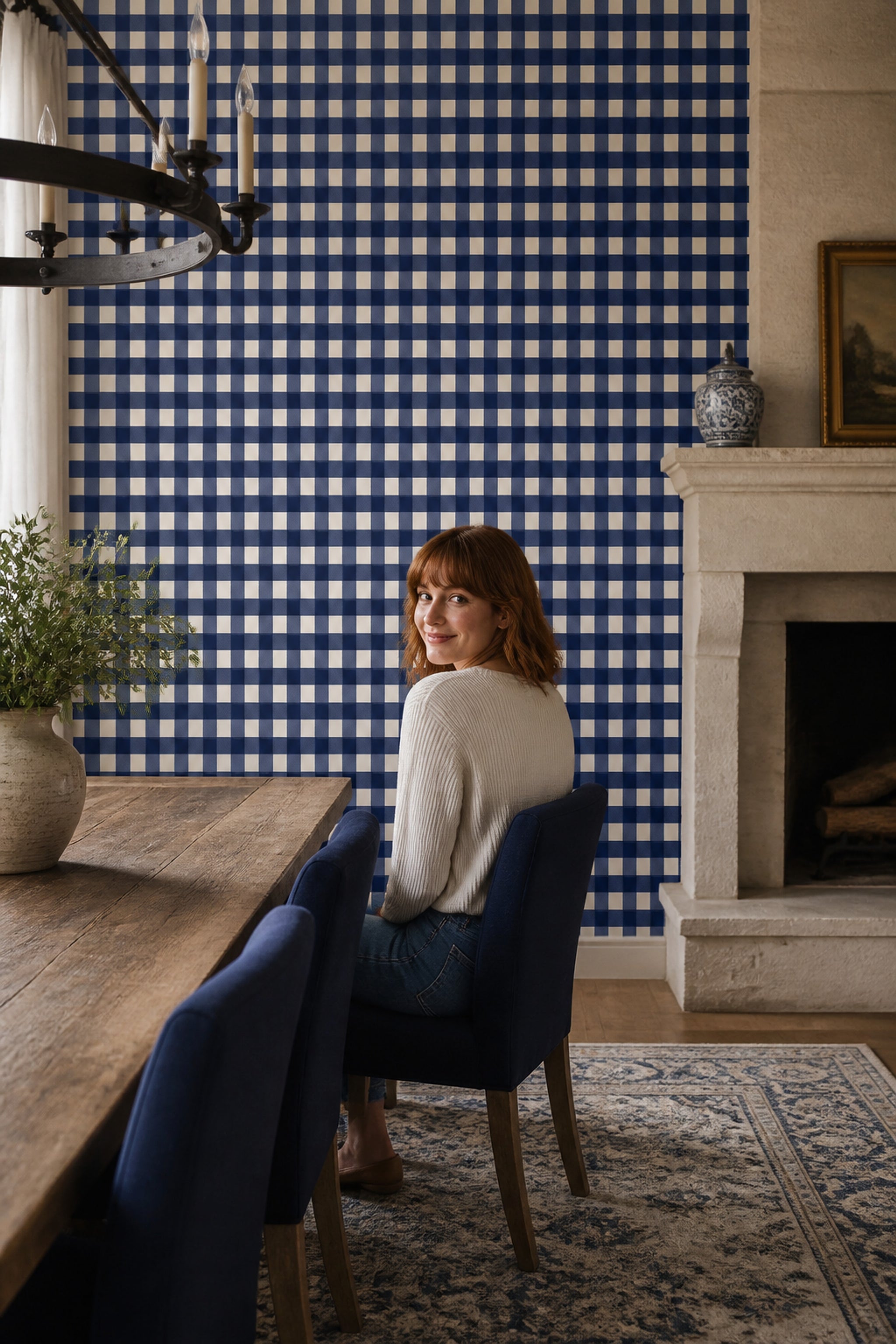 Blue Gingham Wallpaper Checkered Removable Plaid Textile Wall Double Roll