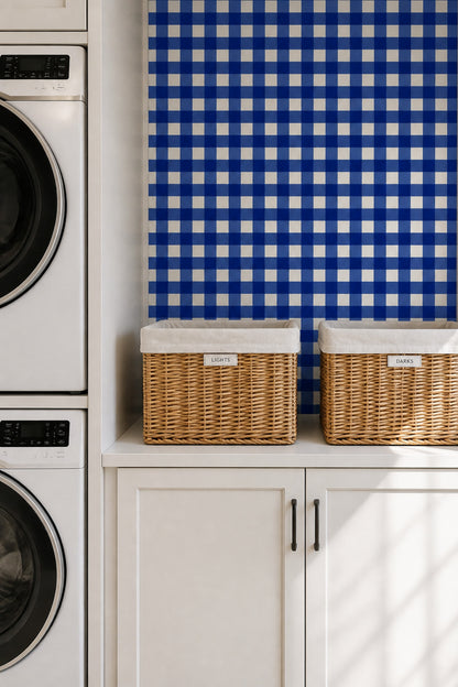 Blue Gingham Wallpaper Checkered Removable Plaid Textile Wall Double Roll