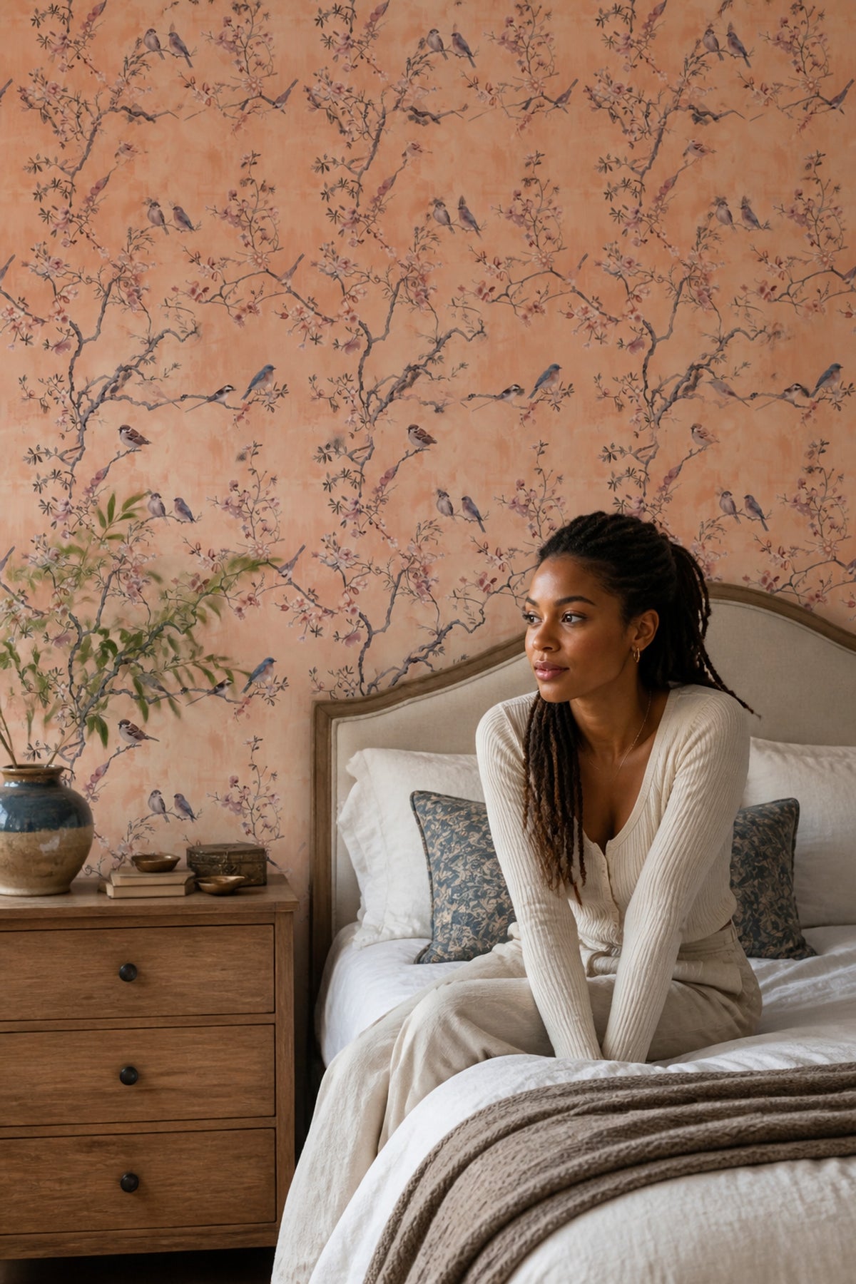 Chinoiserie Wallpaper Blossom Branches Removable Birds Wall Double Roll