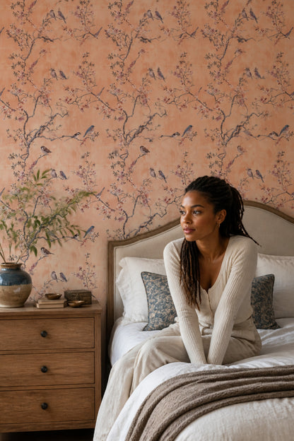 Chinoiserie Wallpaper Blossom Branches Removable Birds Wall Double Roll