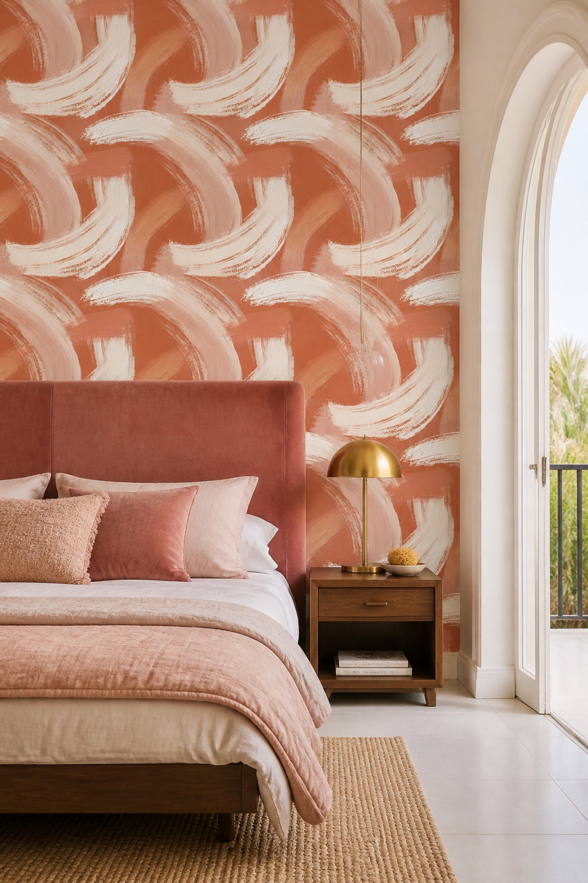 Terracotta Wallpaper Brushstroke Removable Curved Arcs Wall Double Roll