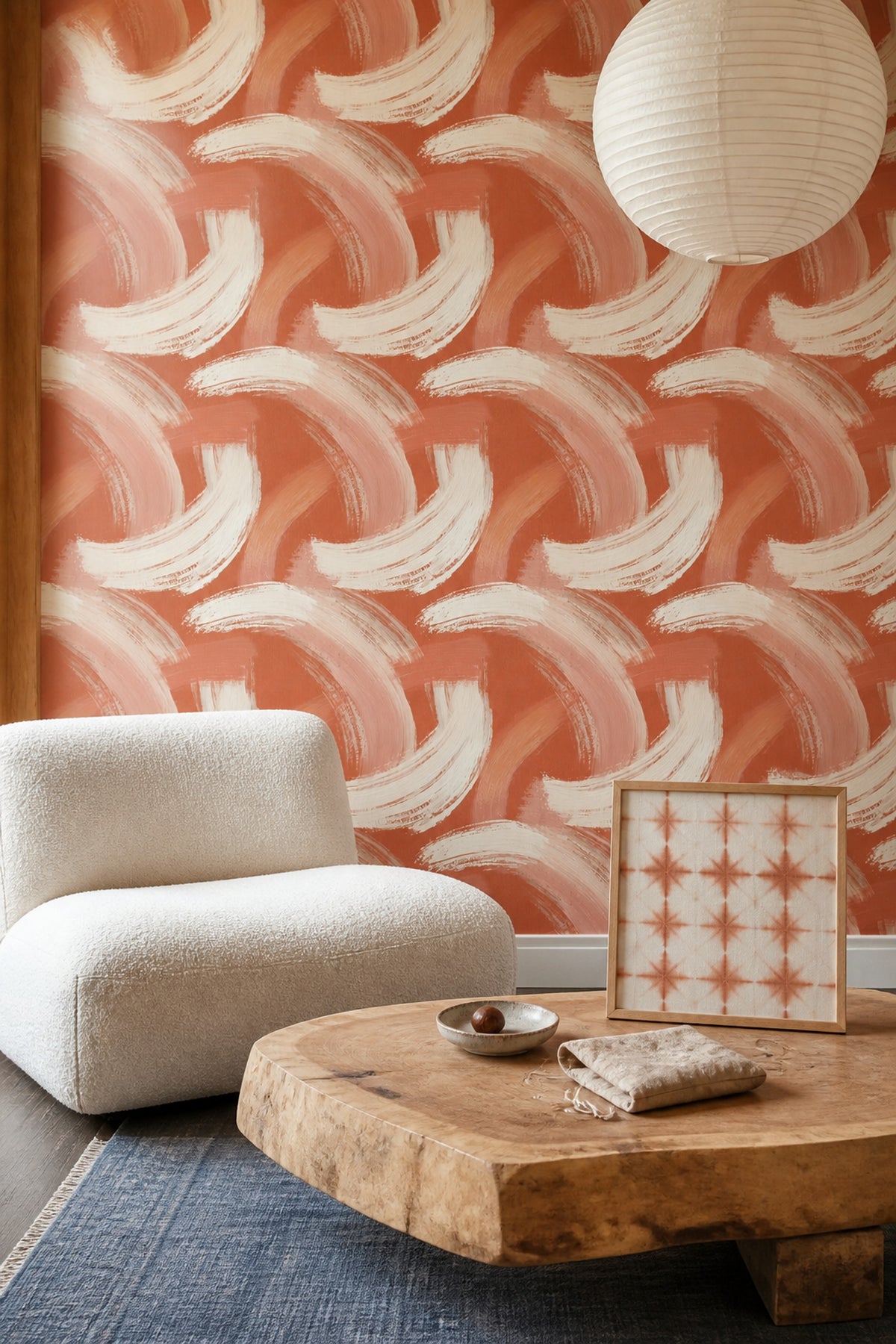 Terracotta Wallpaper Brushstroke Removable Curved Arcs Wall Double Roll