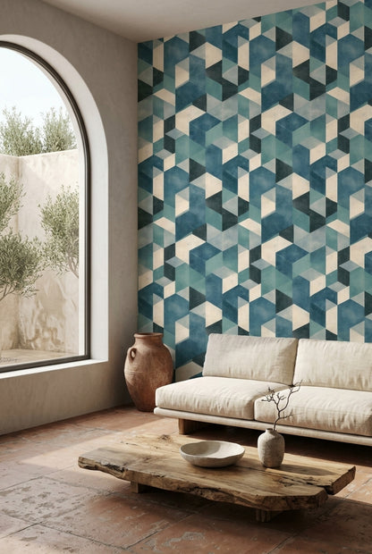 Mid Century Modern Wallpaper Geometric Isometric Removable Wall Decor
