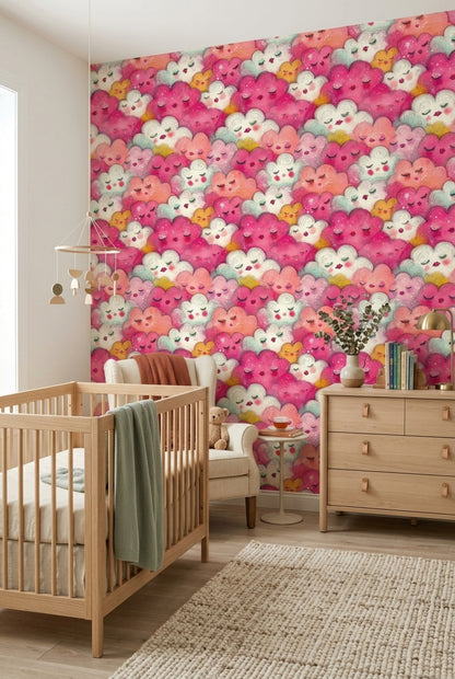Whimsical Clouds Wallpaper Sleeping Faces Watercolor Removable Wall Decor
