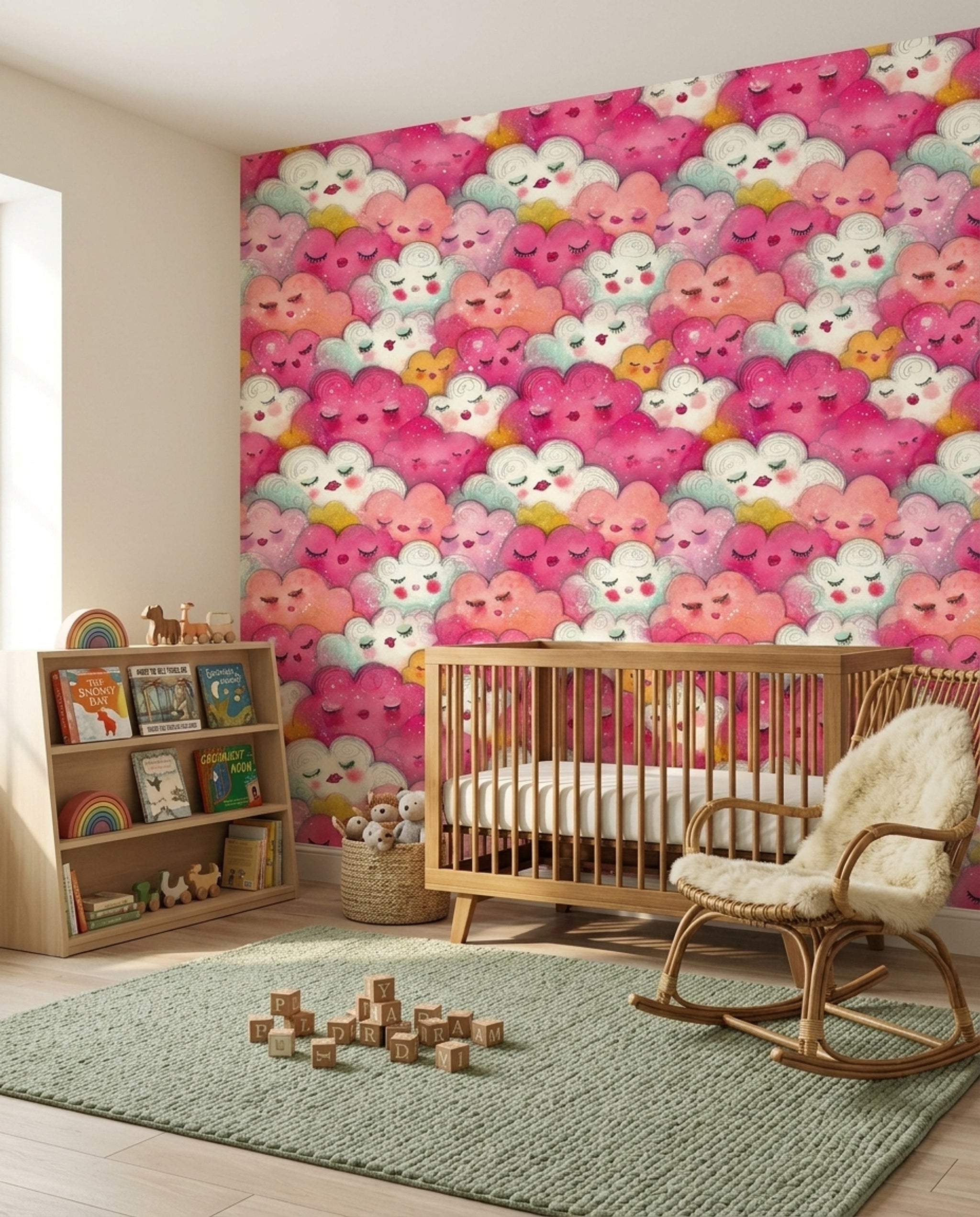 Whimsical Clouds Wallpaper Sleeping Faces Watercolor Removable Wall Decor