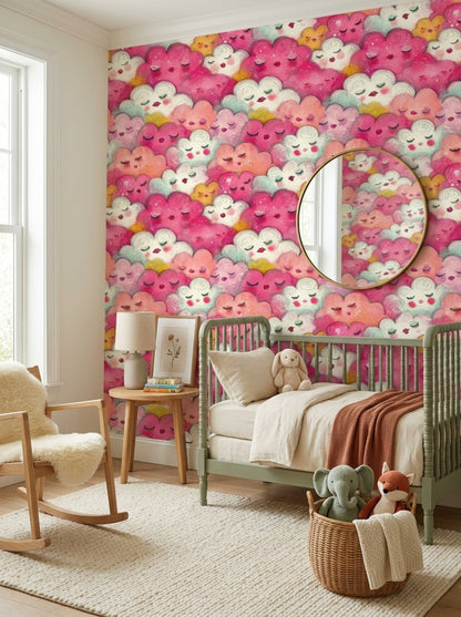Whimsical Clouds Wallpaper Sleeping Faces Watercolor Removable Wall Decor