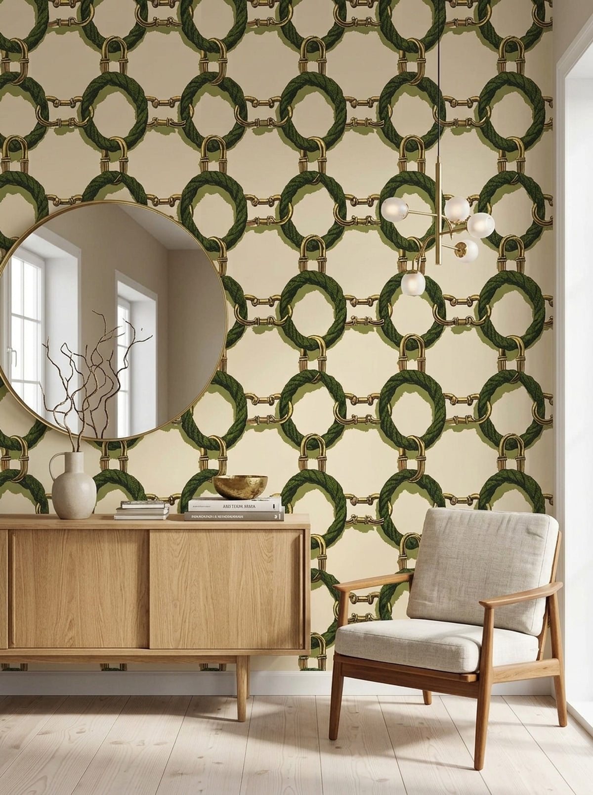 Gold Chain Wallpaper Green Rope Removable Interlocking Wall Double Roll