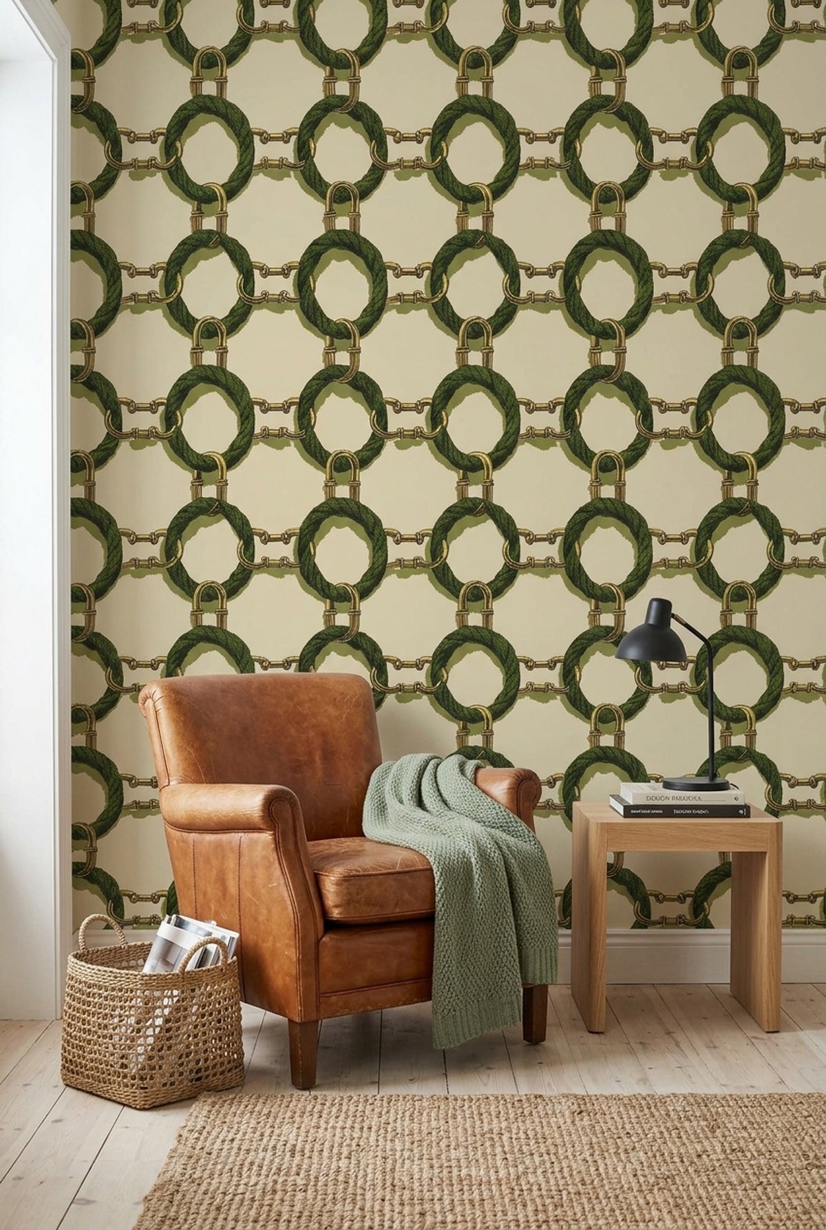 Gold Chain Wallpaper Green Rope Removable Interlocking Wall Double Roll