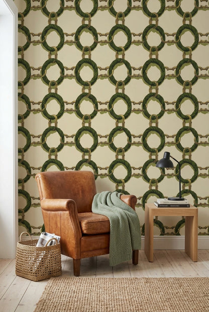 Gold Chain Wallpaper Green Rope Removable Interlocking Wall Double Roll