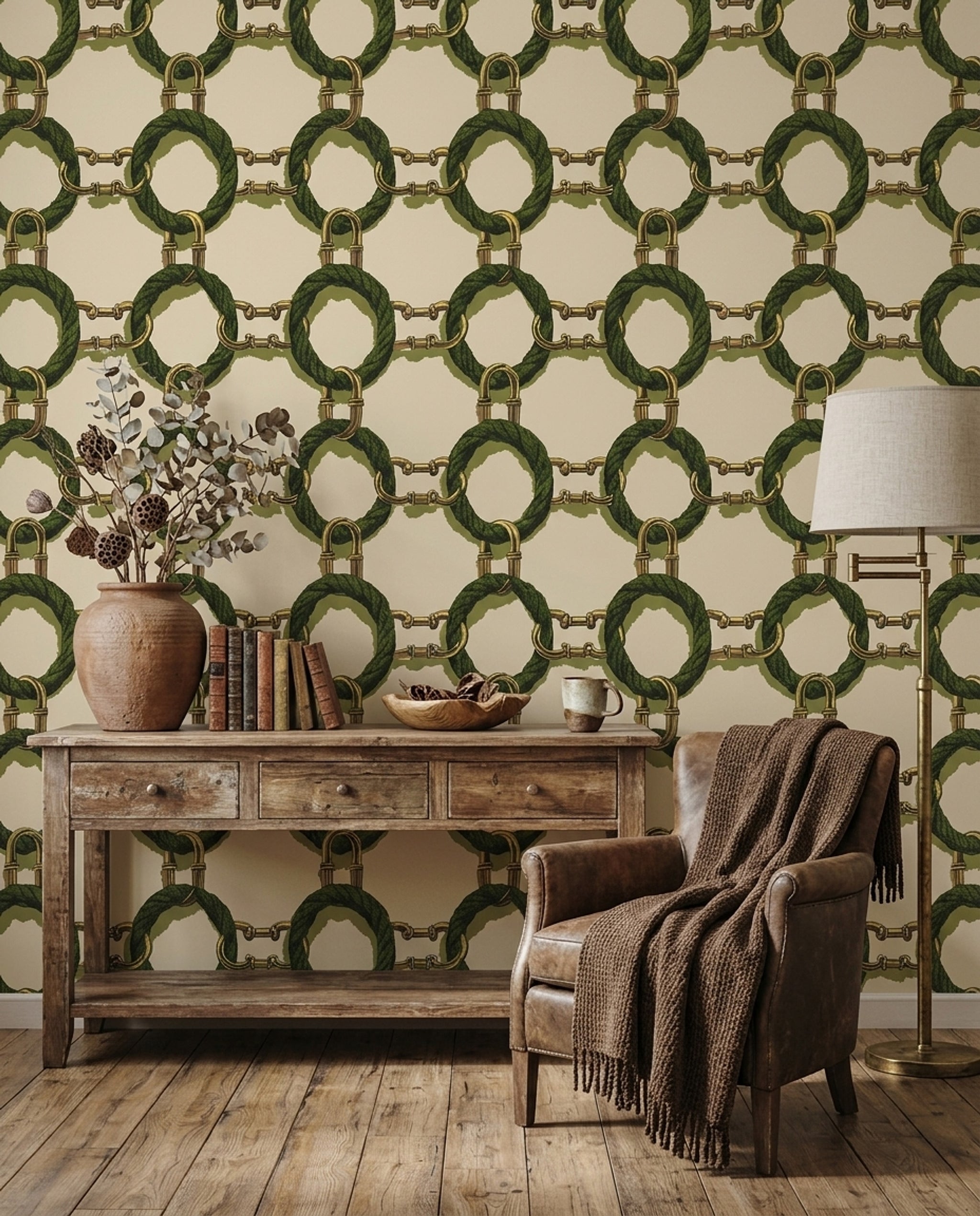 Gold Chain Wallpaper Green Rope Removable Interlocking Wall Double Roll