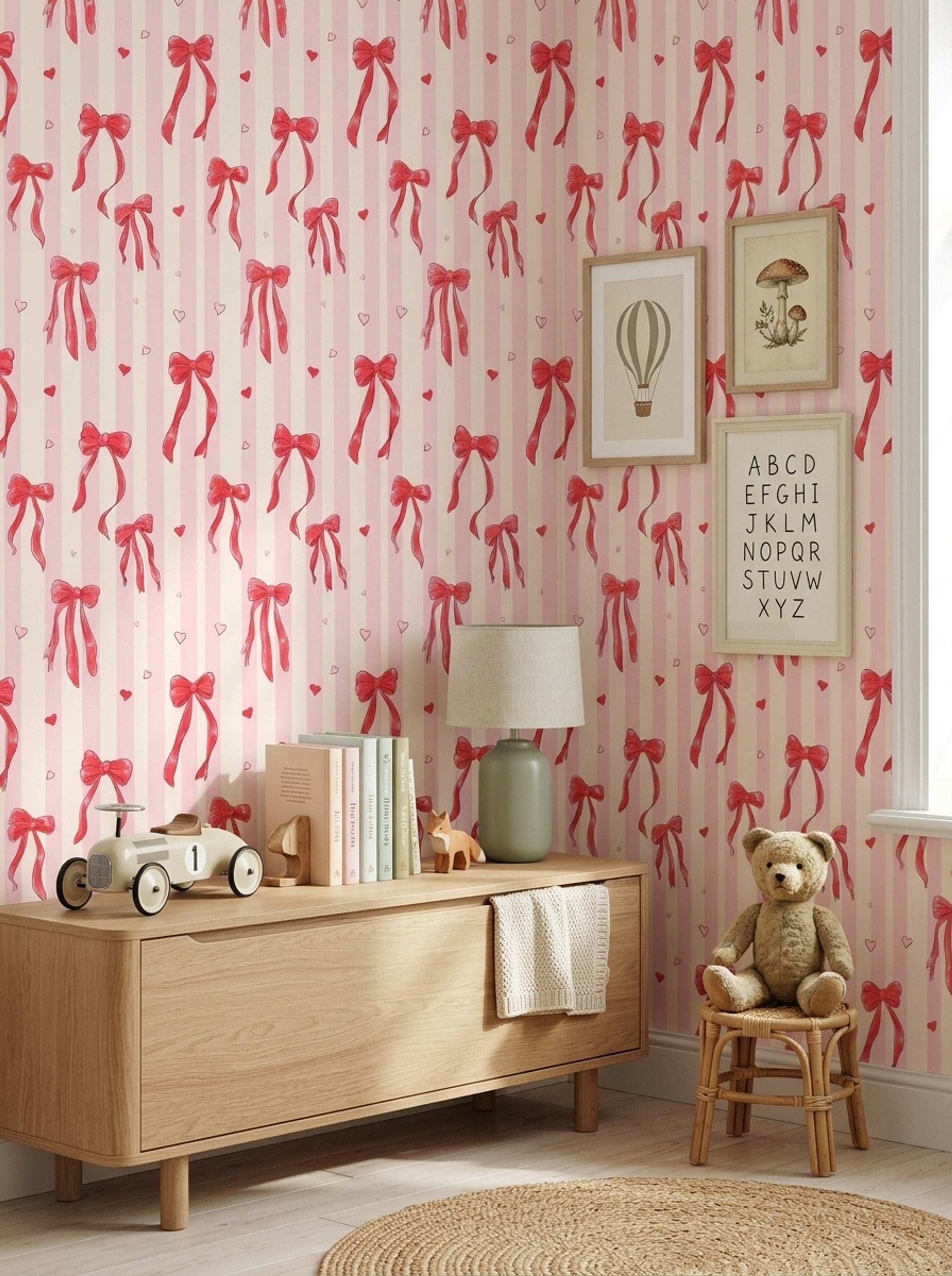 Pink Stripes Wallpaper Ribbon Bows Hearts Removable Wall Decor
