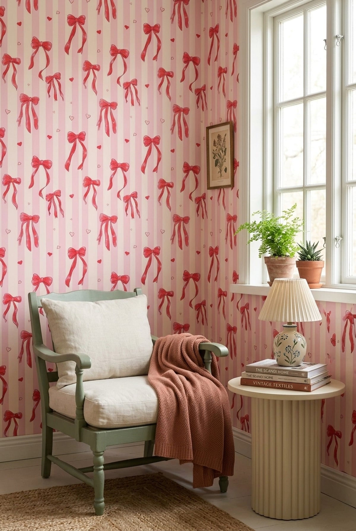 Pink Stripes Wallpaper Ribbon Bows Hearts Removable Wall Decor
