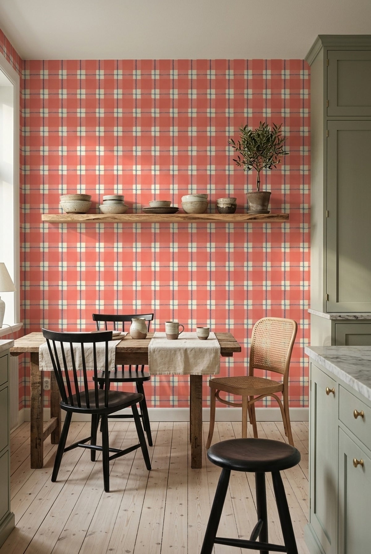 Plaid Wallpaper Checkered Coral Decorative Mural