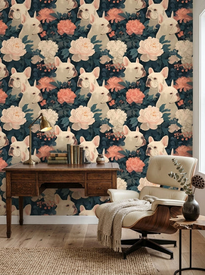 French Bulldog Wallpaper Floral Removable Botanical Wall Double Roll