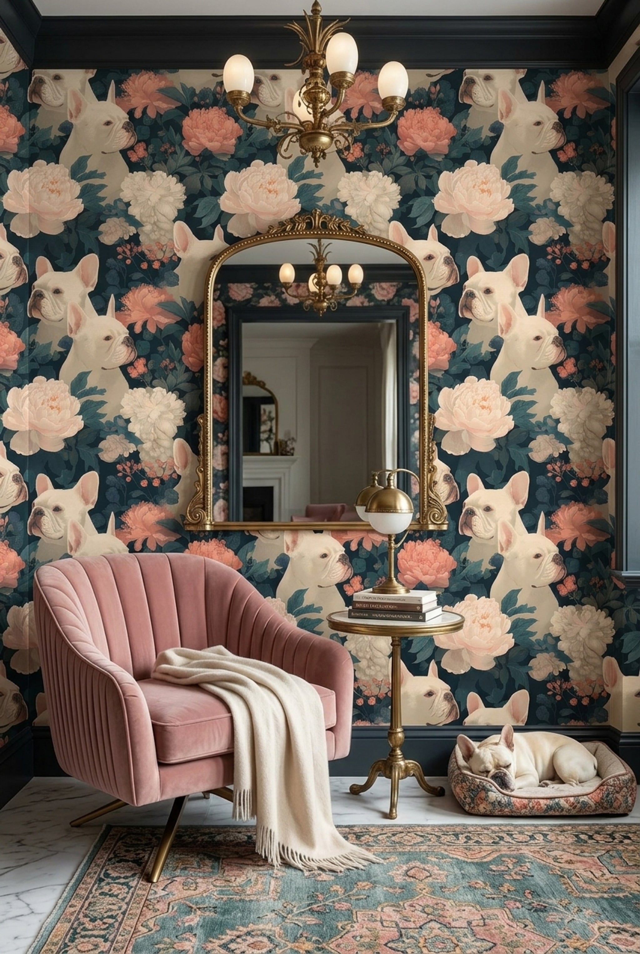 French Bulldog Wallpaper Floral Removable Botanical Wall Double Roll