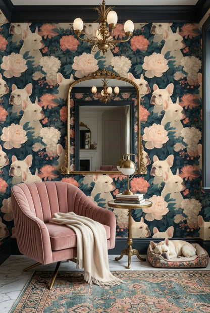 French Bulldog Wallpaper Floral Removable Botanical Wall Double Roll