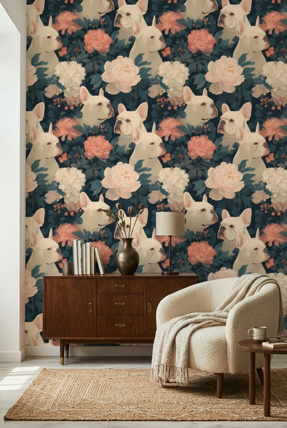 French Bulldog Wallpaper Floral Removable Botanical Wall Double Roll