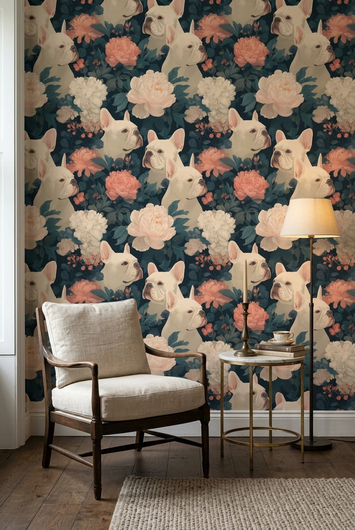 French Bulldog Wallpaper Floral Removable Botanical Wall Double Roll