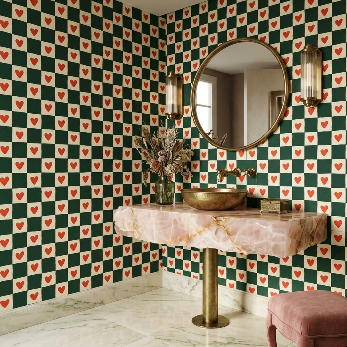 Checkered Wallpaper Hearts Geometric Removable Wall Decor