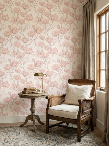 Magnolia Wallpaper Botanical Pink Decorative Mural