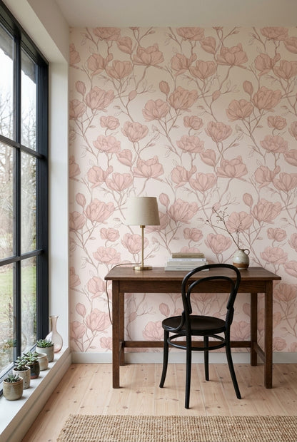 Magnolia Wallpaper Botanical Pink Decorative Mural