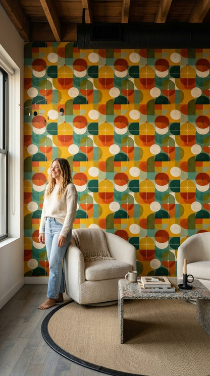 Mid-Century Modern Wallpaper Retro Removable Geometric Wall Double Roll