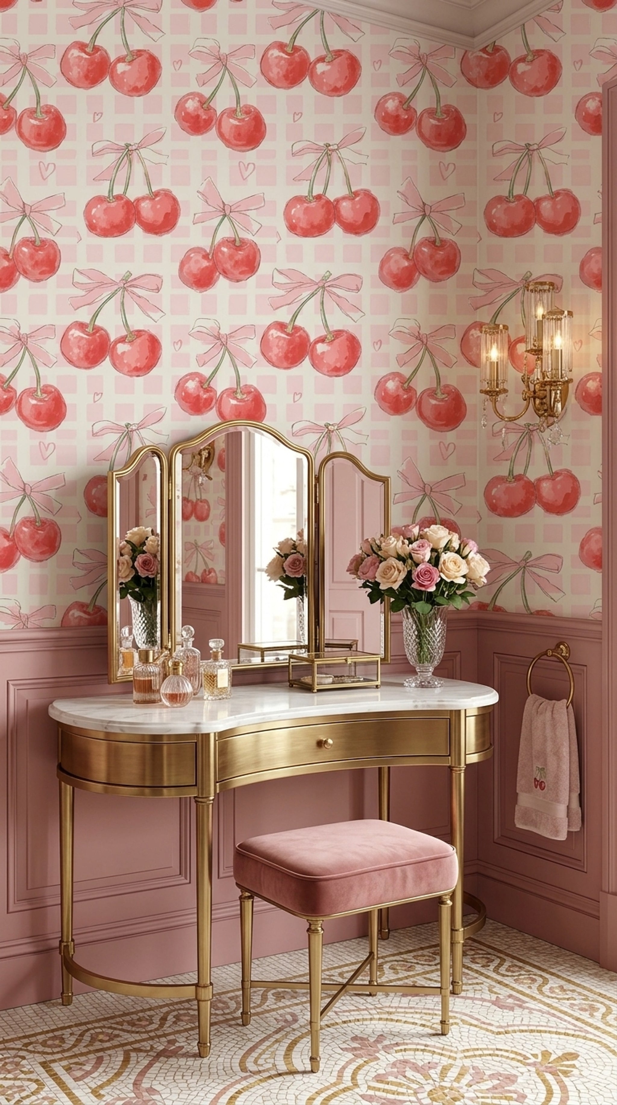 Cherries Wallpaper Pink Gingham Decorative Mural