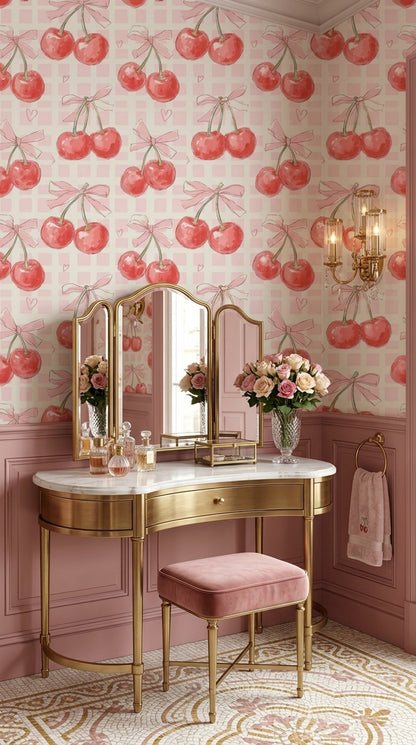 Cherries Wallpaper Pink Gingham Decorative Mural